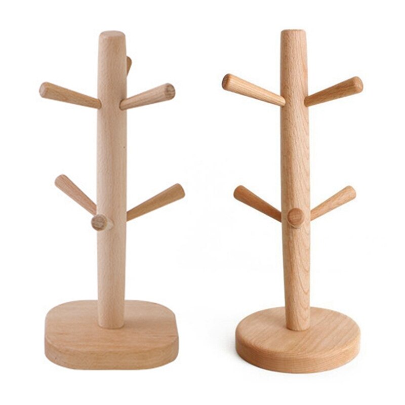 Soporte de madera para taza de café, estante de soporte de tronco de árbol de haya, 6 soporte para tazas y copas, soportes de despensa para encimera, colgador de estantes para tazas, exhibición de cocina