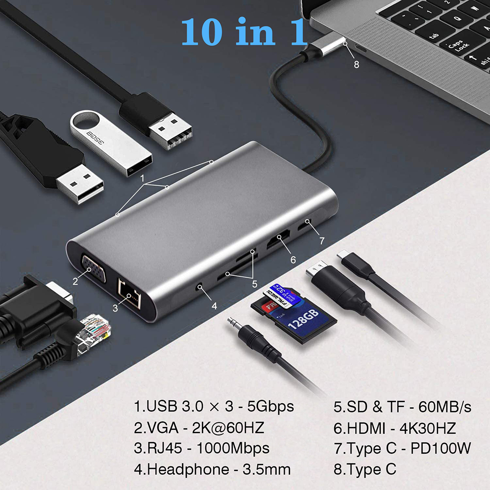 USB 3.0 Typ C HUB Stacja dokująca USB C do HDMI 4K 30HZ Wielofunkcyjny adapter typu C do RJ45 1000Mbps Ethernet Przedłużacz VGA