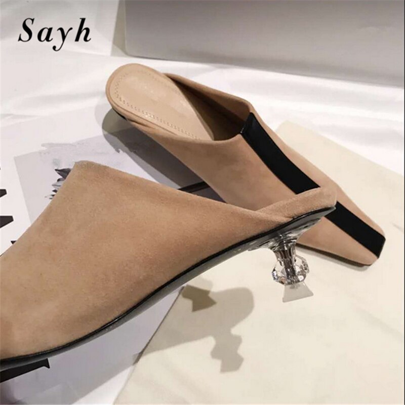 luxe femmes Suqare orteil Mules pompes pantoufle haute cristal talons Patchwork chaussures bureau dame slip-on Stilettos