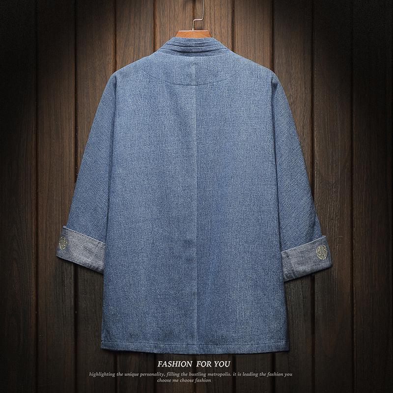 M-5xl koreaanse stijl plus size denim overhemd heren kraagloos chinees traditioneel zakken 3/4 mouwen vintage jeans overhemden xxxxl