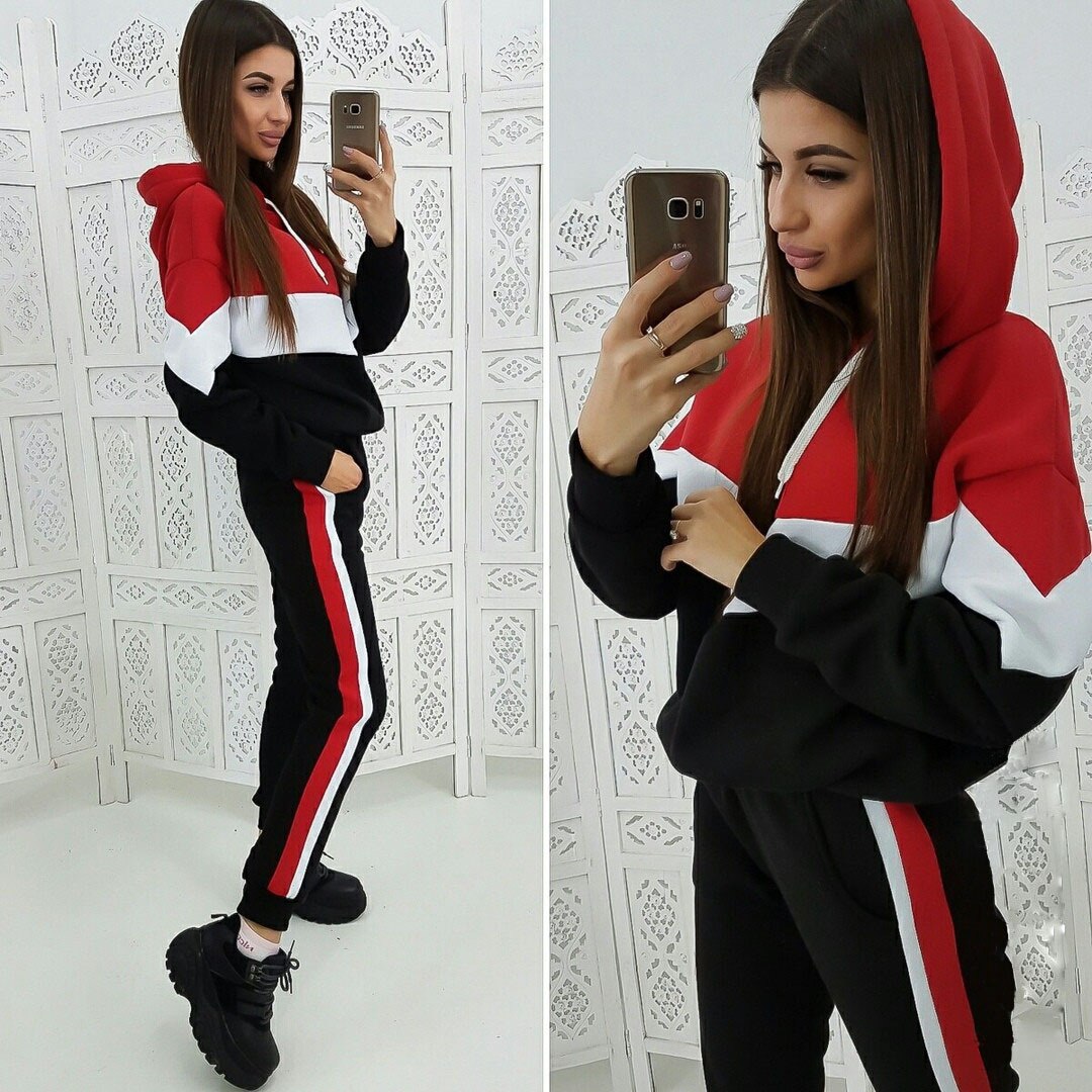 Dames 2 -delige hardloopset herfst hoodies broeken trainingspak sport fitness casual hoodies patchwork sportkleding sets: Rood / S