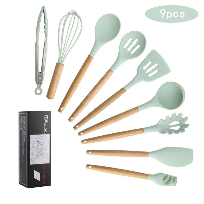 9/11Pcs Silicone Kitchen Set Wooden Cooking Accessories Spatula Ladle Spoons Heat Resistant Green Multifunction Utensils Tools: 9PCS Without Bucket