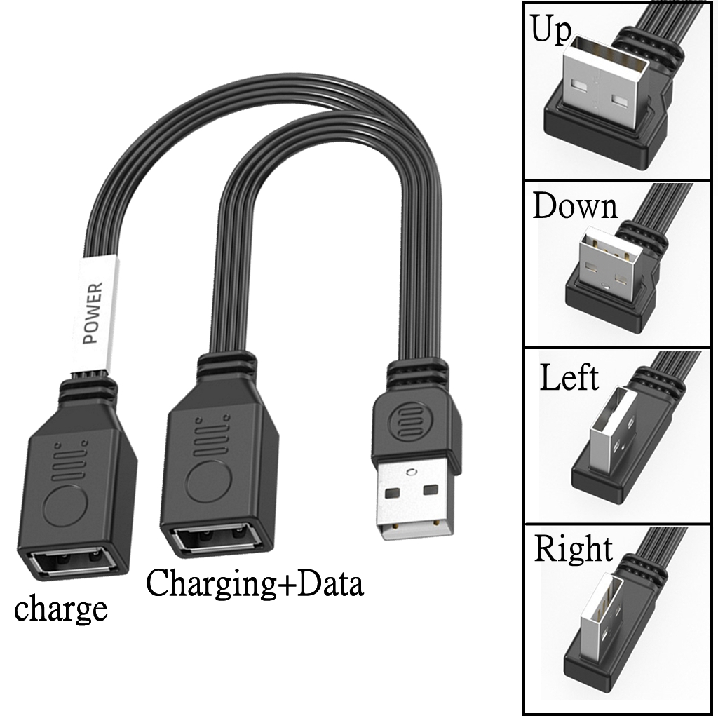 USB 1 to 2 Elbow Computer Extension Cord 65W Fast Charging Flat Data Cable Mobile Phone Car Expander Carplay Y Splitter