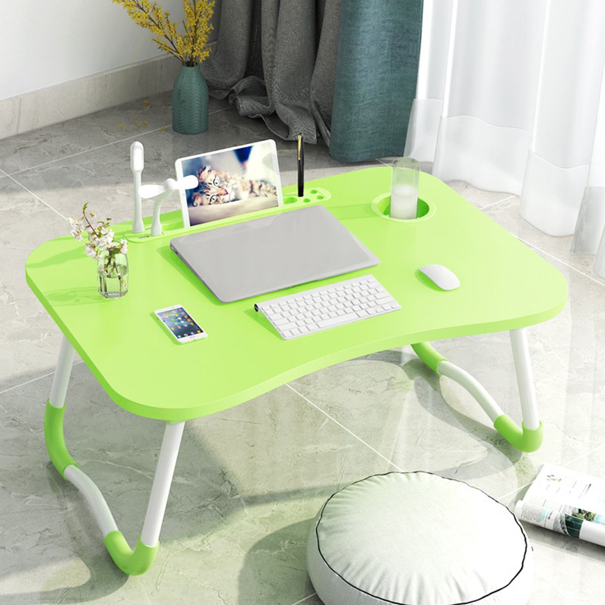 Folding Laptop Stand Holder Study Table Lamp Usb Fan Desk Wooden Foldable Computer Desk for Bed Sofa Tea Serving Table Stand: green