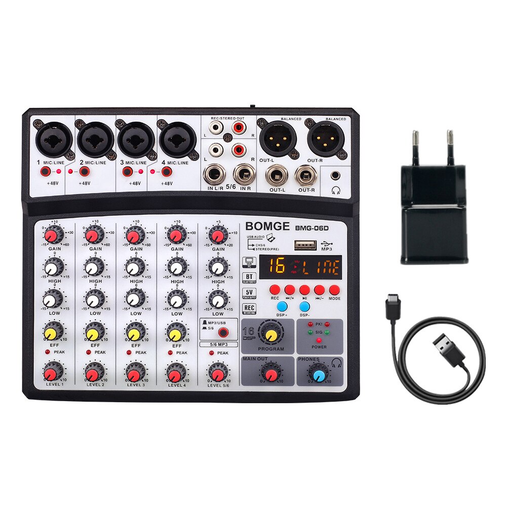 6 Kanalen Sound Mixing Console 16 Dsp Bluetooth Compatibel Usb Interface Record MP3 Computer 48V Power Monitor Audio mixer: EUplug Black	