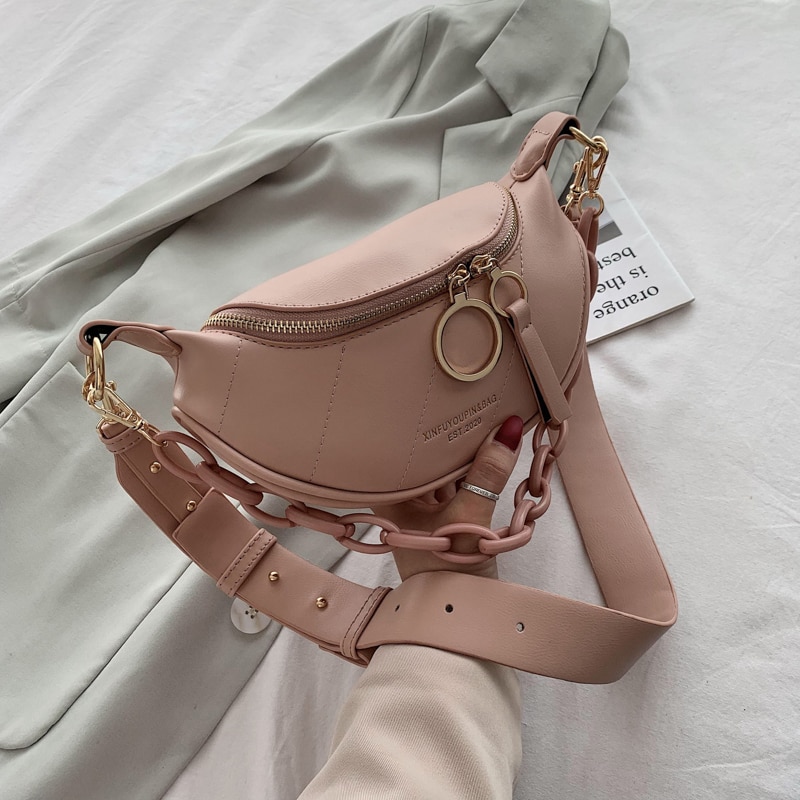 in Messenger Bag Women Hobos Letter Chains Single Shoulder Chest Pu Leather Handbag Wide Straps Day Clutches: Pink