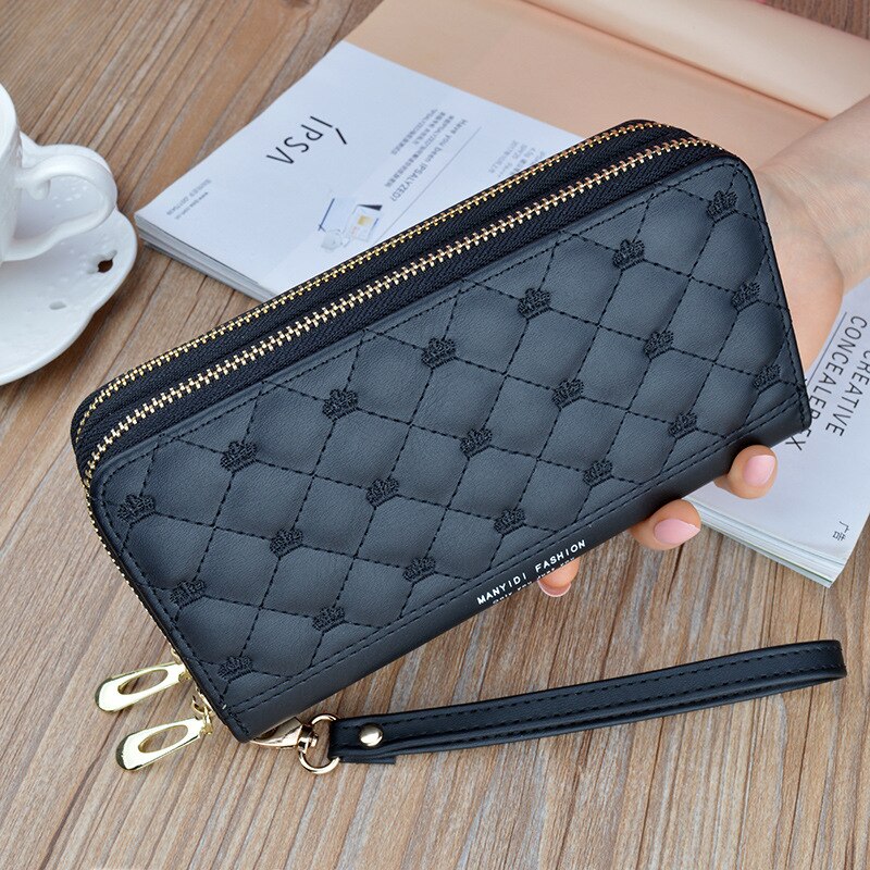 Women&#39;s wallet V Ladies mobile phone bag long ladies clutch bag star Double zipper hand strap bag Multiple color 697: black H