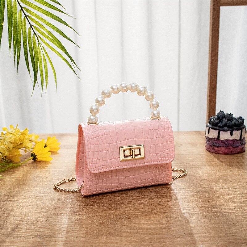 Mini bolso de gelatina de cuero para mujer, cartera de mano con perlas para , monedero,: pearl pink