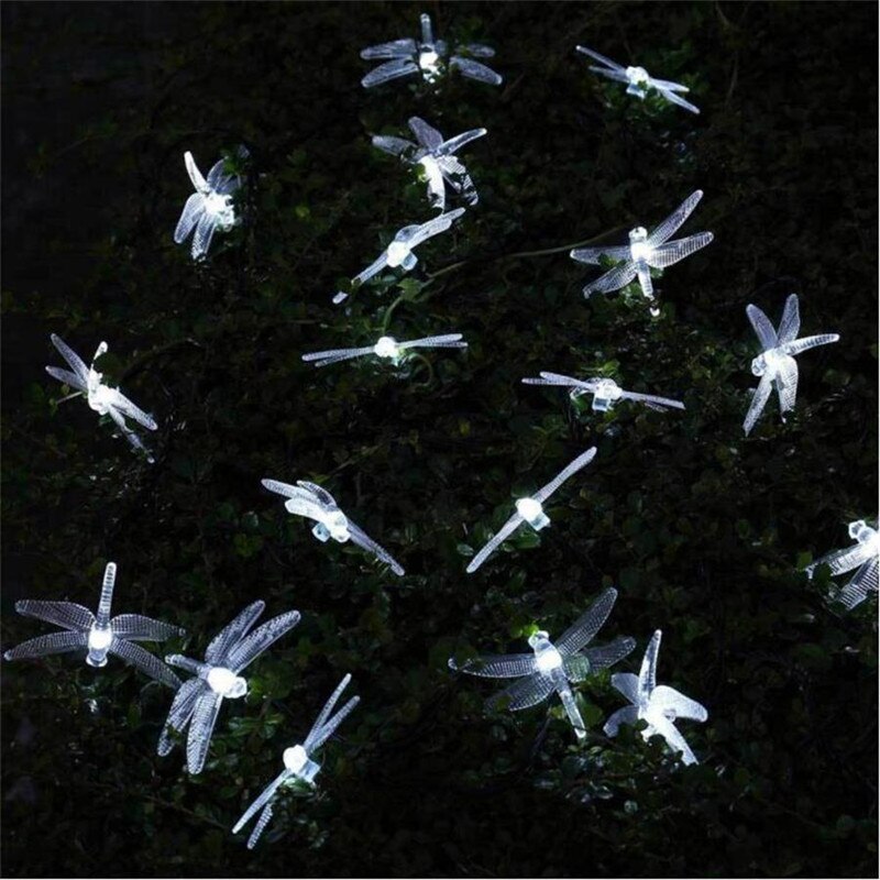 Solar Power LED Dragonfly Lights String Twinkle Outdoor Waterproof Garden Villa Tree Fairy Garland Wedding Party Xmas Decoration: Cold White / 6.5M30LEDs