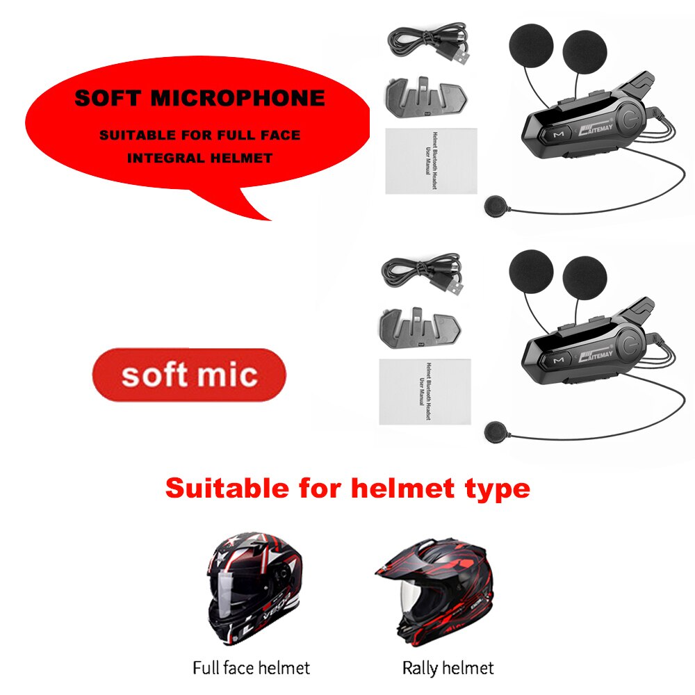 Moto hjelm intercom headset bluetooth-kompatibel 5.0 motorcykel øretelefoner trådløs interphone højttaler hovedtelefon håndfri opkald: 2 x blød mikrofon