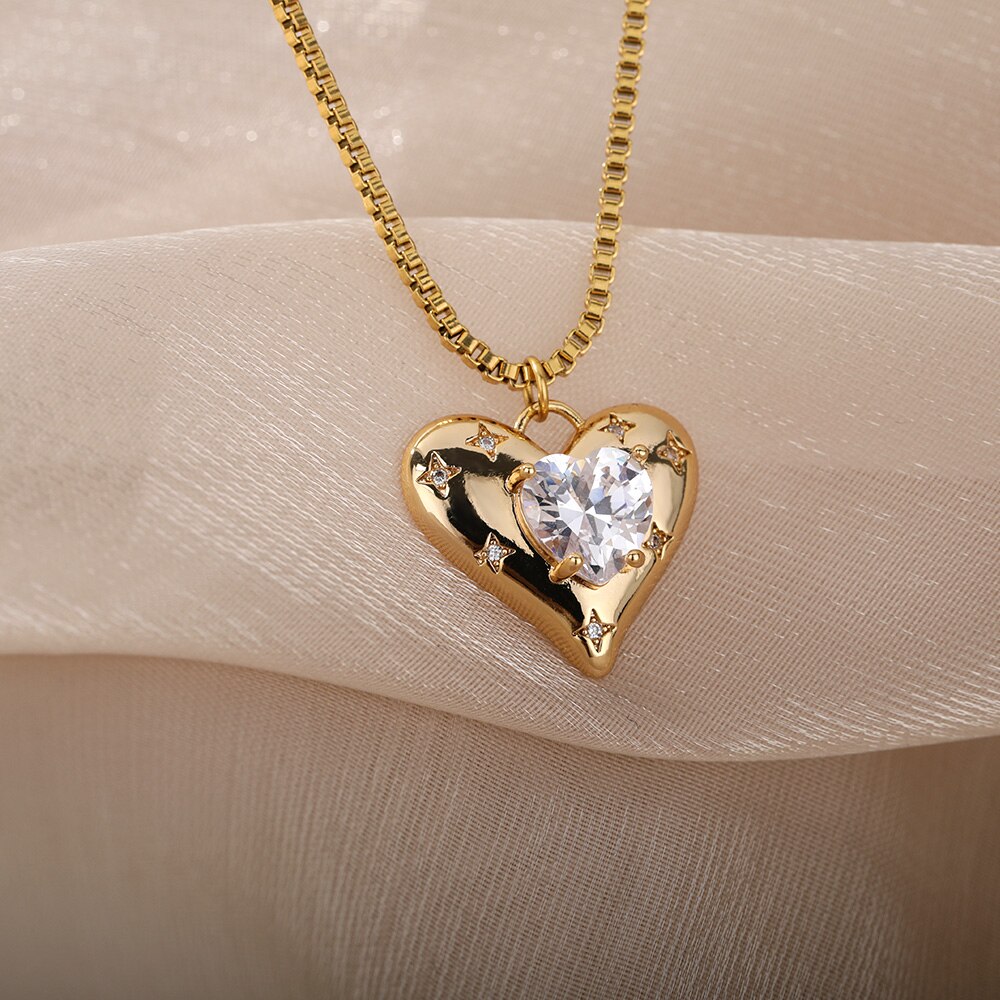 Crystal Heart Star Kettingen Voor Vrouwen Rvs Gouden Ketting Hart Hanger Ketting Choker Partij Sieraden Bijoux Femme