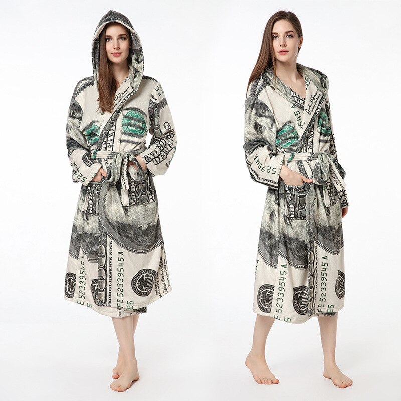 Womens Flanel Gewaden Coral Fluwelen Badjas Dollar Print Comfortabele Eenvoudige Lange Mouw Badjas Knielengte Bad Gown Ouc195