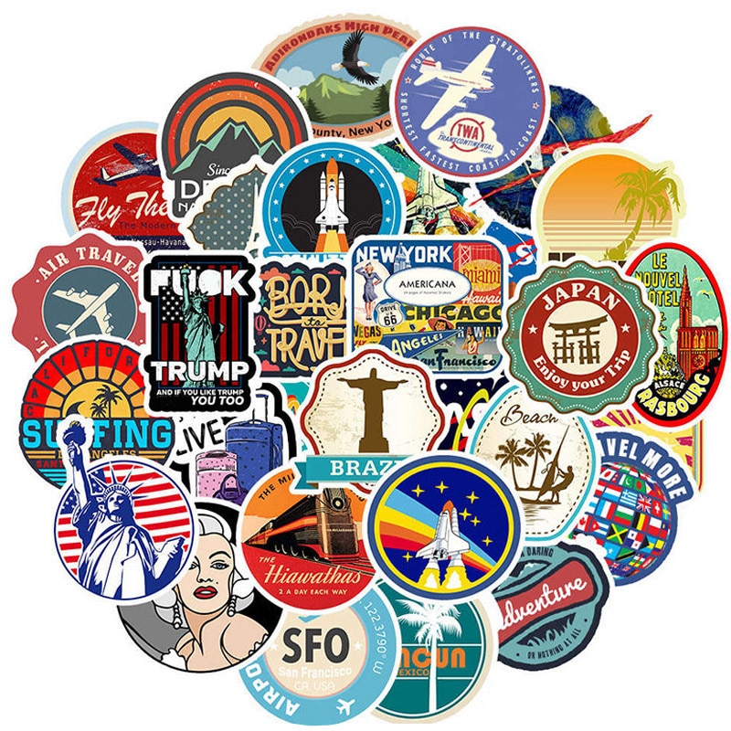 50 Stuks Pack Stickers Retro Travel Ruimte Vliegtuig Sticker Waterdicht Diy Voor Op Laptop Telefoon Skateboard Koffer Bagage Sticker