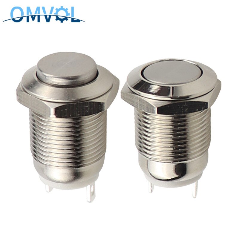 1PC 12mm Waterproof Momentary Round Stainless Steel Metal Push Button Switch Car Start Horn Bell Reset Flat Head &amp; High Head