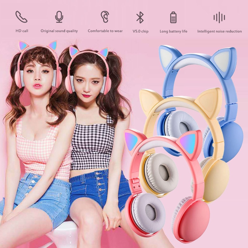 Wireless Headphones LED Light Cat Ear Noise Cancelling Bluetooth Headphones Bluetooth 5.0 Kids Girl Headset With Mic Headset