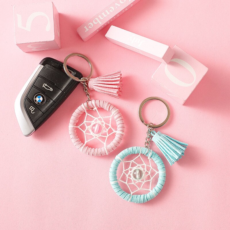 Porte-clés attrape-rêve avec pompon , petit porte-clés en métal frais pour fille coréenne, porte-clés de sac pendentif pour fille