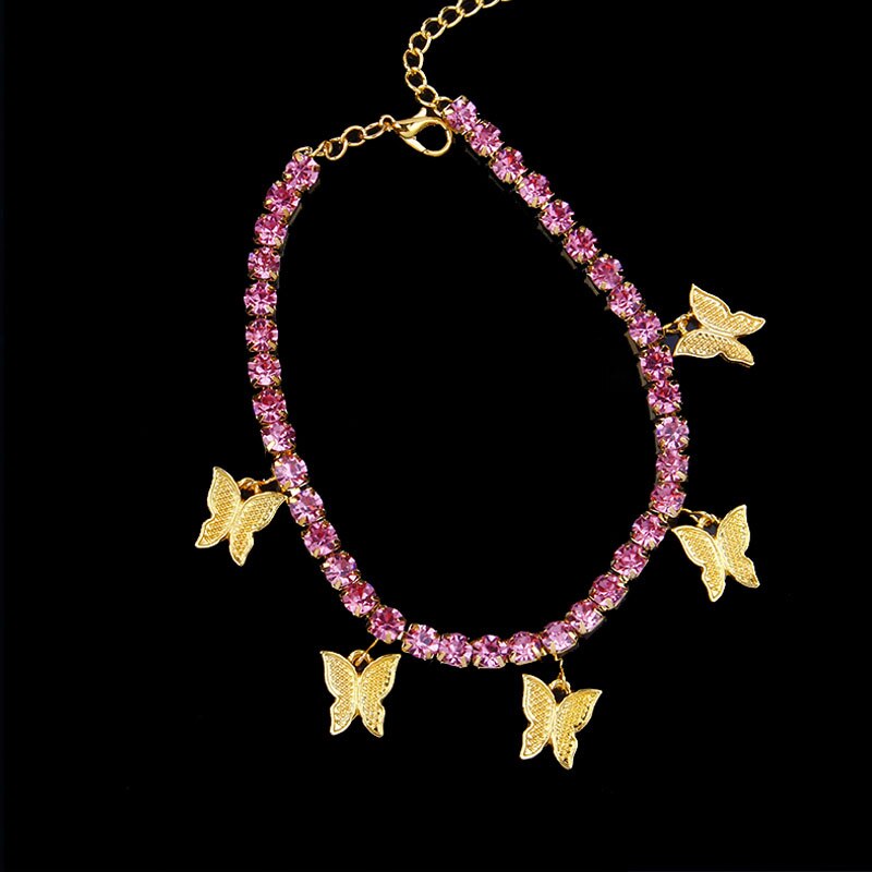 Stionefans Rhinestone Butterfly Pendant Anklet Chain for Women Statment Bling Tennis Chain Anklet Butterfly Foot Chain: Gold Pink