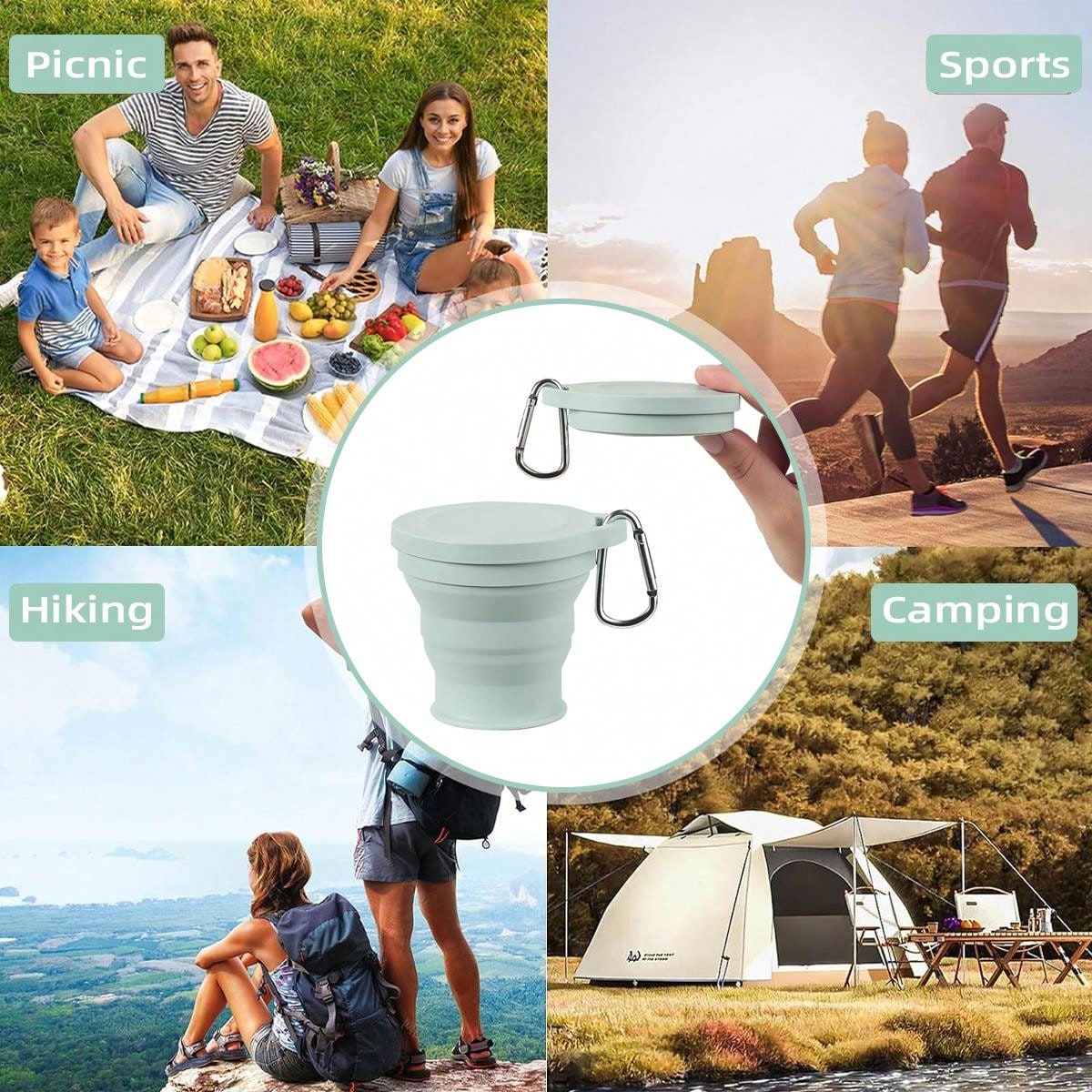 Leeseph faltbarer Reisebecher aus Silikon, faltbarer Campingbecher, wiederverwendbarer tragbarer Getränkebecher/Becher zum Wandern, Ich bin Freien, auf Reisen