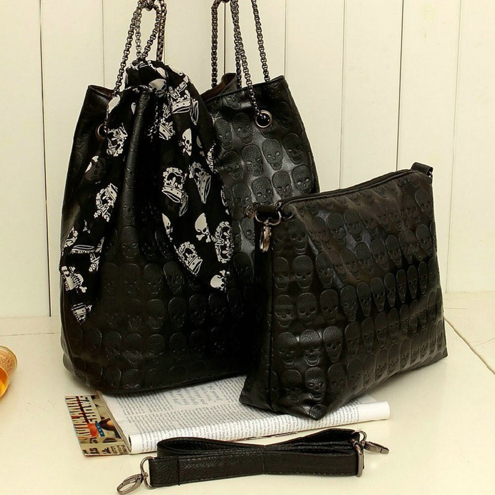 A103 kette schädel schal lässig kreuz tasche schulter tasche schwarz Frauen Schädel Skelett Kette Hangbag Dame Tote Schulter Eimer Tasche