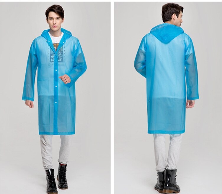 Kvinder mænd eva gennemsigtig regnfrakke bærbar udendørs rejse regntøj vandtæt camping hætteklædte ponchoer plast regntæppe: Tykblå