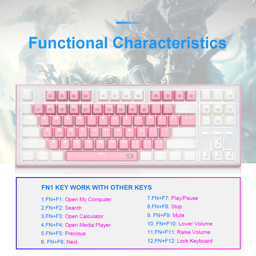 REDRAGON BES K611 USB Pink White Mechanical Gaming Keyboard Blue Switch Led Backlit 87 Keys Computer PC Gamer