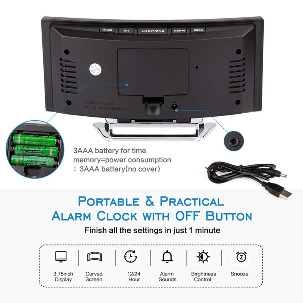 Digital Alarm Clock Green Large Number Display Mirror Curved Dimmable Led Sn Digital Clock For Kids Bedroom Lightweight Sma