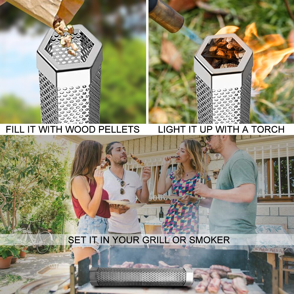 12" Stainless Steel Hexagon Smoker Tube Mesh Pipe Kitchen Outdoor Cooking BBQ Tools Accessories Round Smoke Generator Smoker