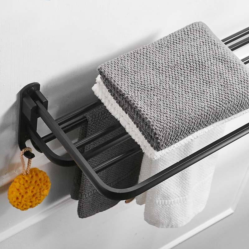 Matte Black Movable Bath Towel Holder No punching Wall Mounted Bath Towel Shelf Folding Towel Holder Towel Bar with Hooks