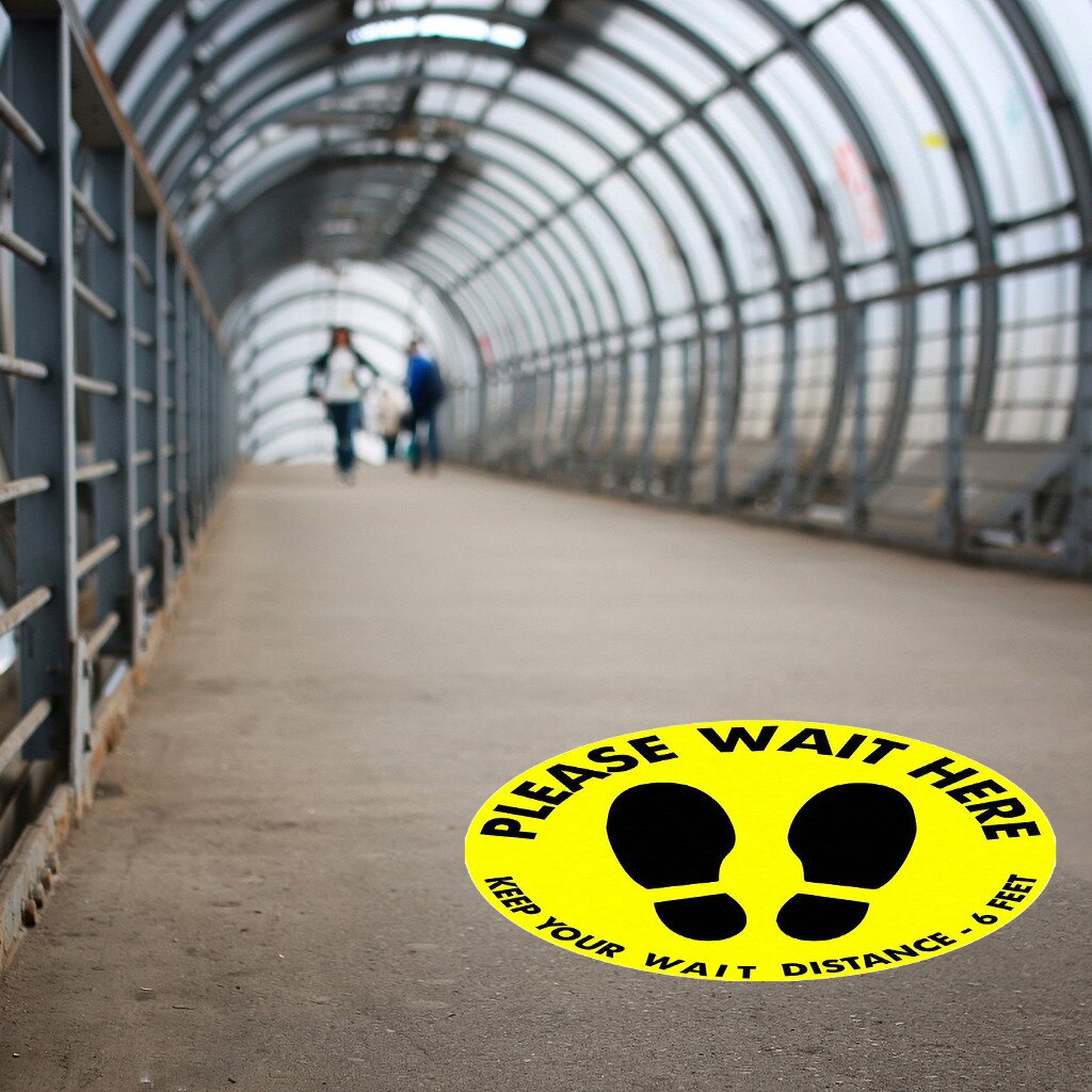 PLEASE WAIT HERE ISOLATION LABEL 30CM DIAMETER Please Keep Wait Here Stand Here Keep 6ft in Between Distance Marker Floor