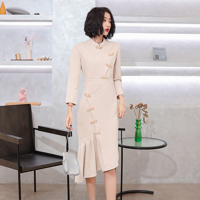FZSLCYIYI Chinese Traditional Suede Mermaid Cheongsam Female Party Ladies Vintage Women Long Sleeve Velour Qipao