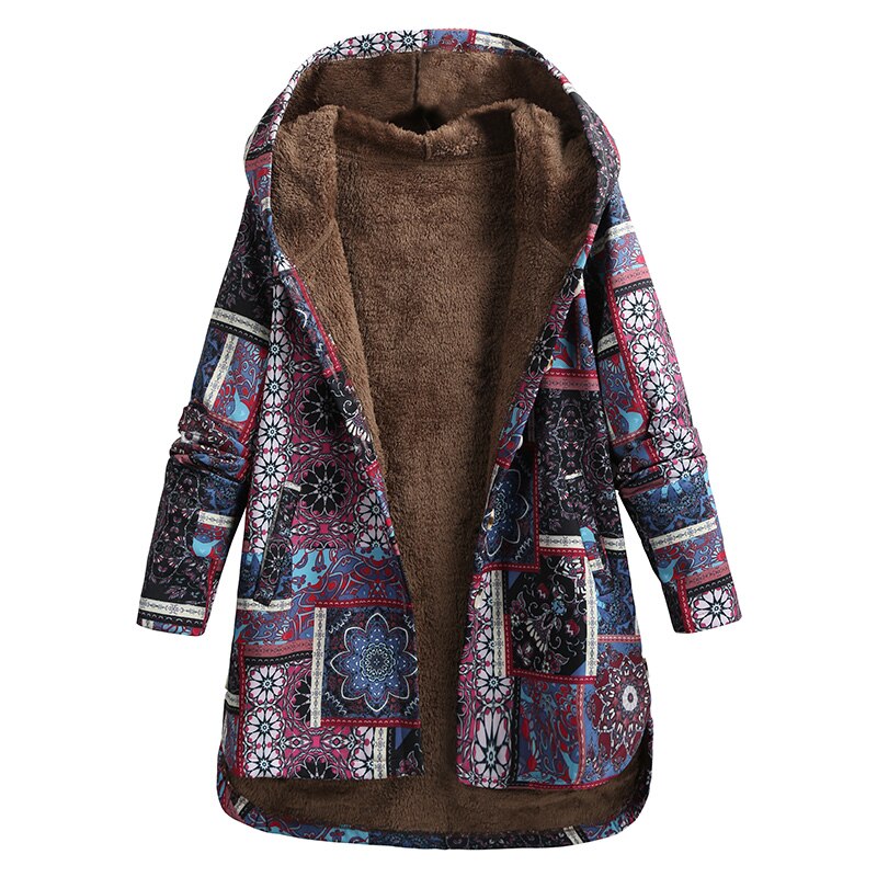 5xl plus size parkaer kvinner vintage løs hettefrakk med blomstertrykt fleeceknappet vinter varm parka langfrakk yttertøy: Lilla / Xxl
