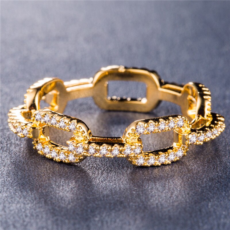 Creatieve Keten Dames Ring Zirkoon Ring Voor Vrouwen Verzilverde Rose Goud Koper Strass Ring Populaire Trouwring Sieraden: 7 / Goud