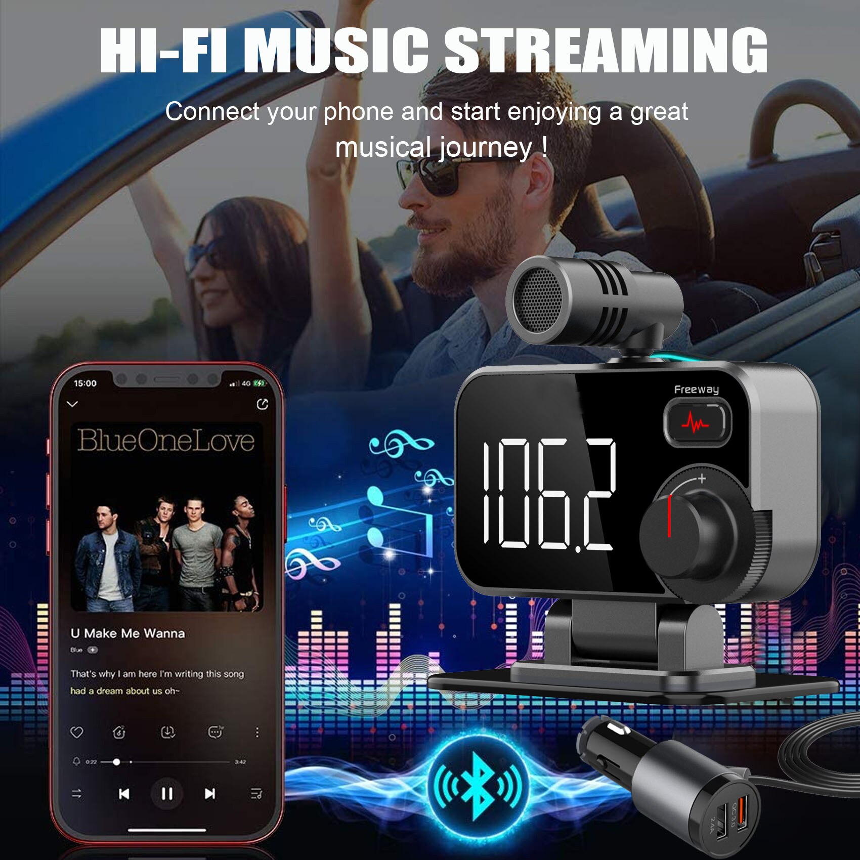JINSERTA Bluetooth 5.0 FM transmitter MP3 player Lossless TF music Play QC3.0 fast charge External Microphone Support Siri