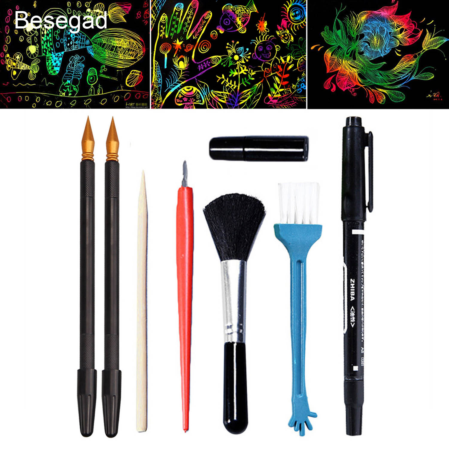 Behogar 8PCS Painting Drawing Scratch Arts Tools Set with Stick Scratch Pen Brush Repair Fluid for Kids Birthday Christmas