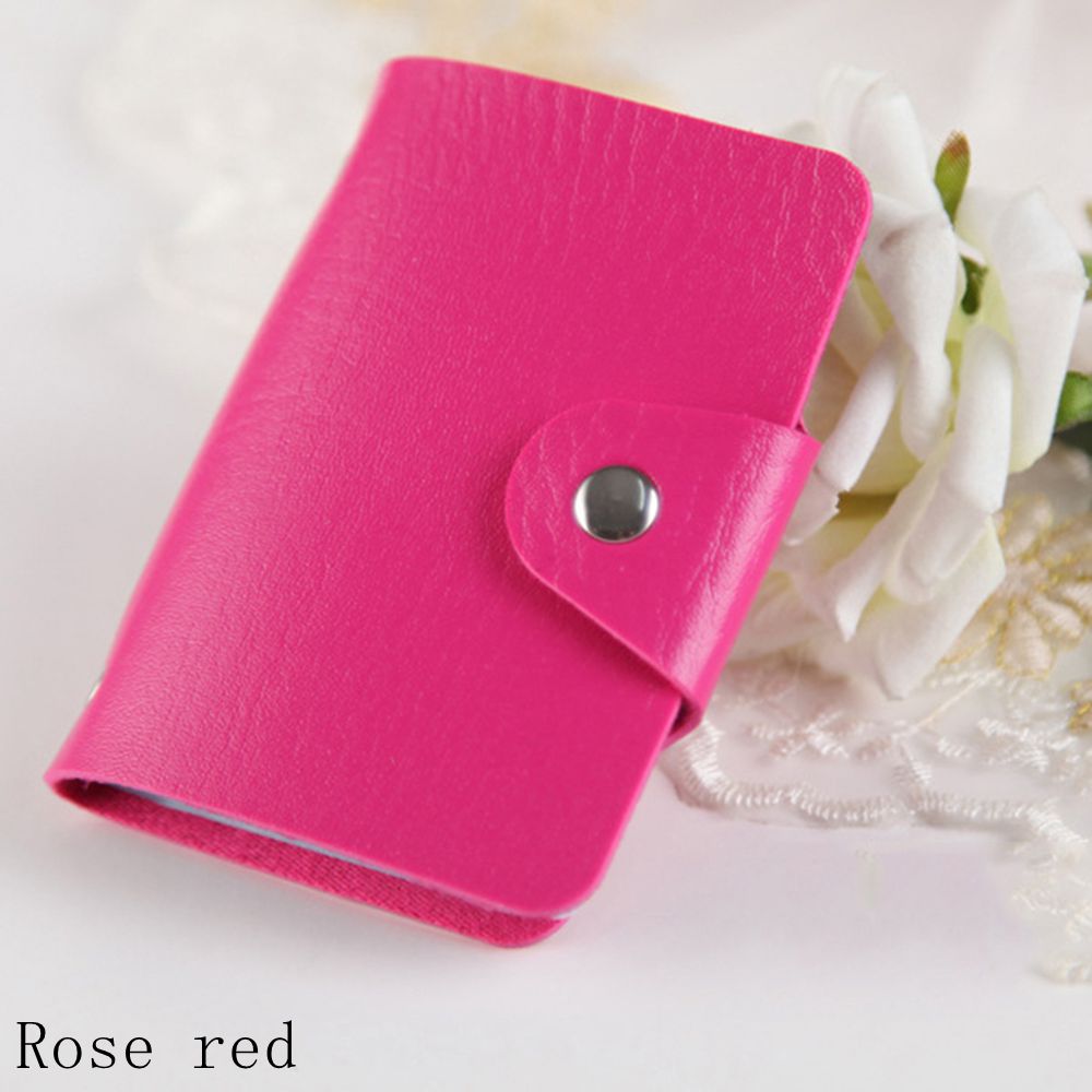 24 Card Slots Business Card Holder PU Leather Plastic Candy Color Korean Passport Bag Cute Card Holder Credit Card Bag: Style 1-rose  red