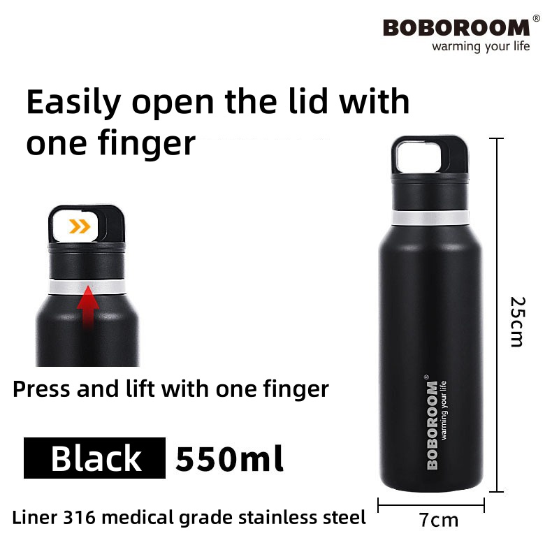 Outdoor Sports One-Hand One-Click Opening 316 Vacuum Stainless Steel Threadless Thermos Cup Car Cold Quick Opening Cup Thermoses: black