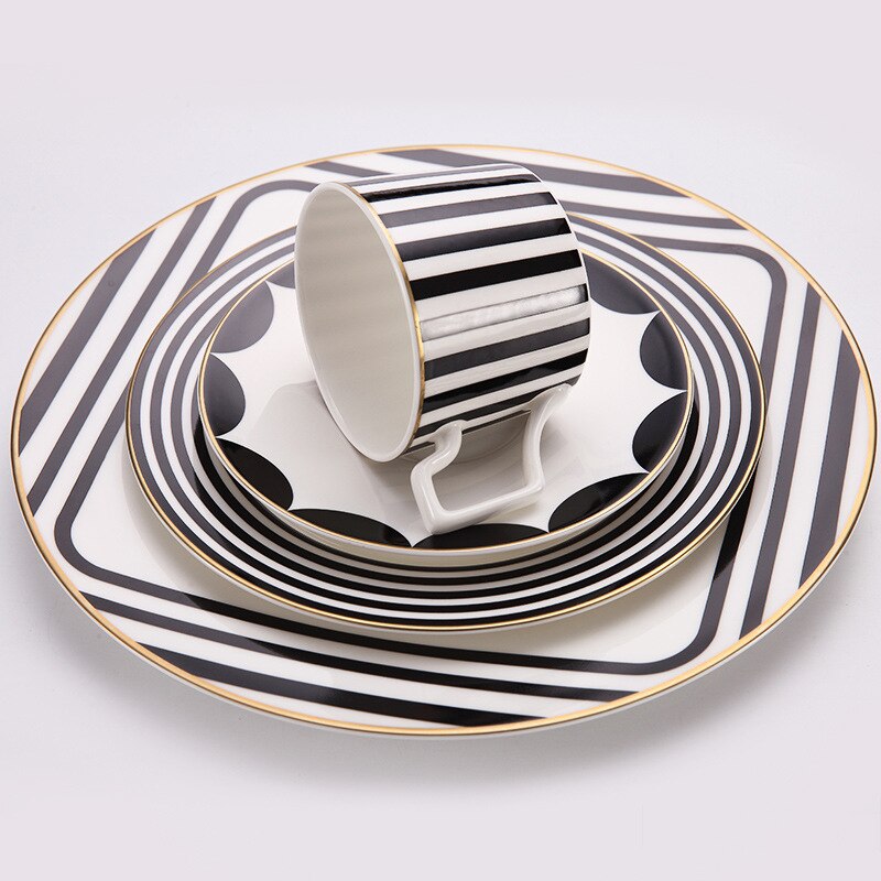 Bone China Servies Set Zwarte En Witte Streep Platte Steak Plaat Koffiekopje En Schotel Dessert Lade Gouden Rand drinkware