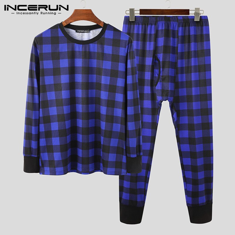 Men Plaid Pajamas Sets Homewear Long Sleeve O Neck Sleepwear Leisure Sleep Pants 2 Pieces Comfortable Men Nightwear Sets INCERUN