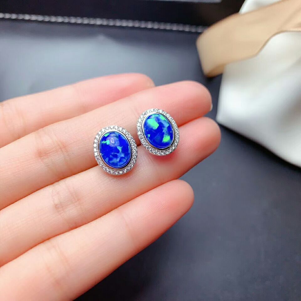 Meibapj azul opala pedra preciosa elipes brincos anel e colar 3 peças siut para mulher real 925 prata esterlina conjunto de jóias finas: Platinum earrings