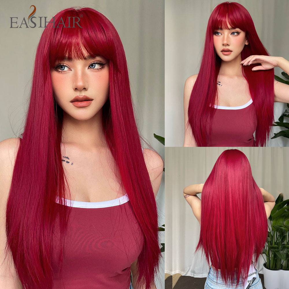 Lange gerade dunkelbraune synthetische Perücken mit Pony, seidige geschichtete Perücken für Frauen, täglicher Partygebrauch, Naturhaar-Perücke, hitzebeständig
