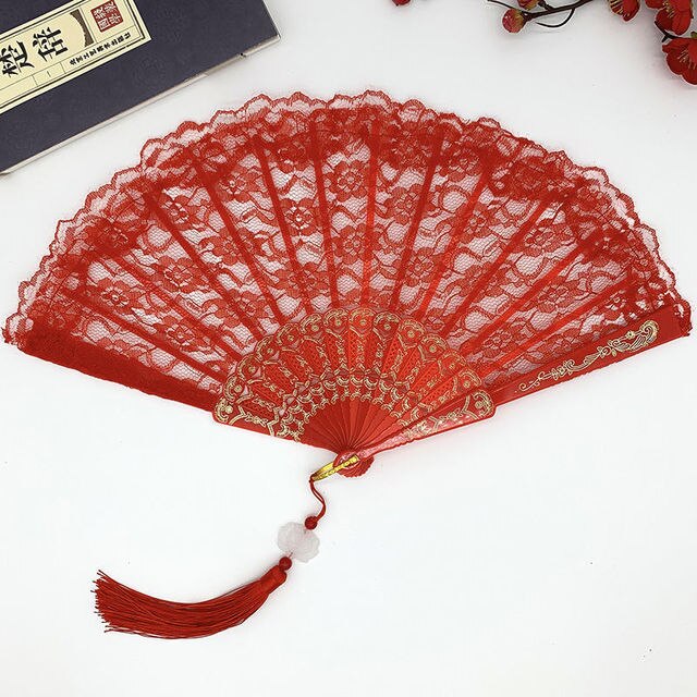 23cm Thin Lace Fan Plastic Bone Hand Fan Art Craft Lolita Japanese Sweet Girl Dance Photo Props Wedding Party Decoration: Red pendant