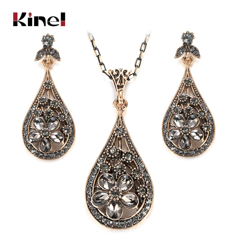 Kinel Luxe Grijs Kristal Bloem Vrouwen Oorbel Ketting Vintage Sieraden Sets Antieke Gold Kleur Turkse Etnische Bruiloft Sieraden