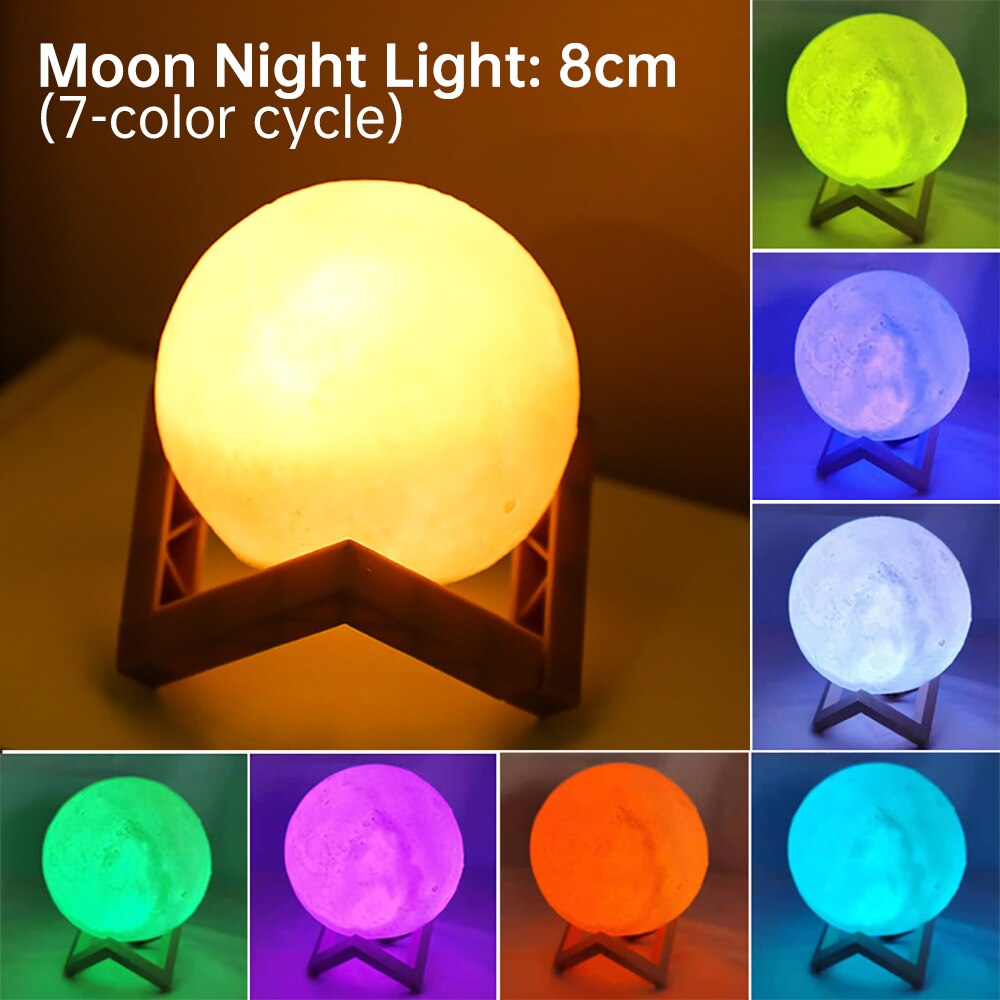 Led natlys 3d print månelampe 8cm/12cm batteridrevet med stativ stjerneklar lampe 7 farver soveværelse indretning natlys børn: 7 farve 8cm
