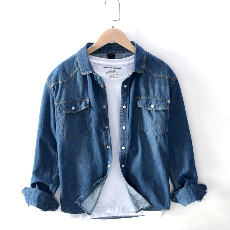 Mærke tøj mandlige mærke tøj slim fit afslappet ren bomuld cowboy langærmet skjorte/denim skjorter til mænd