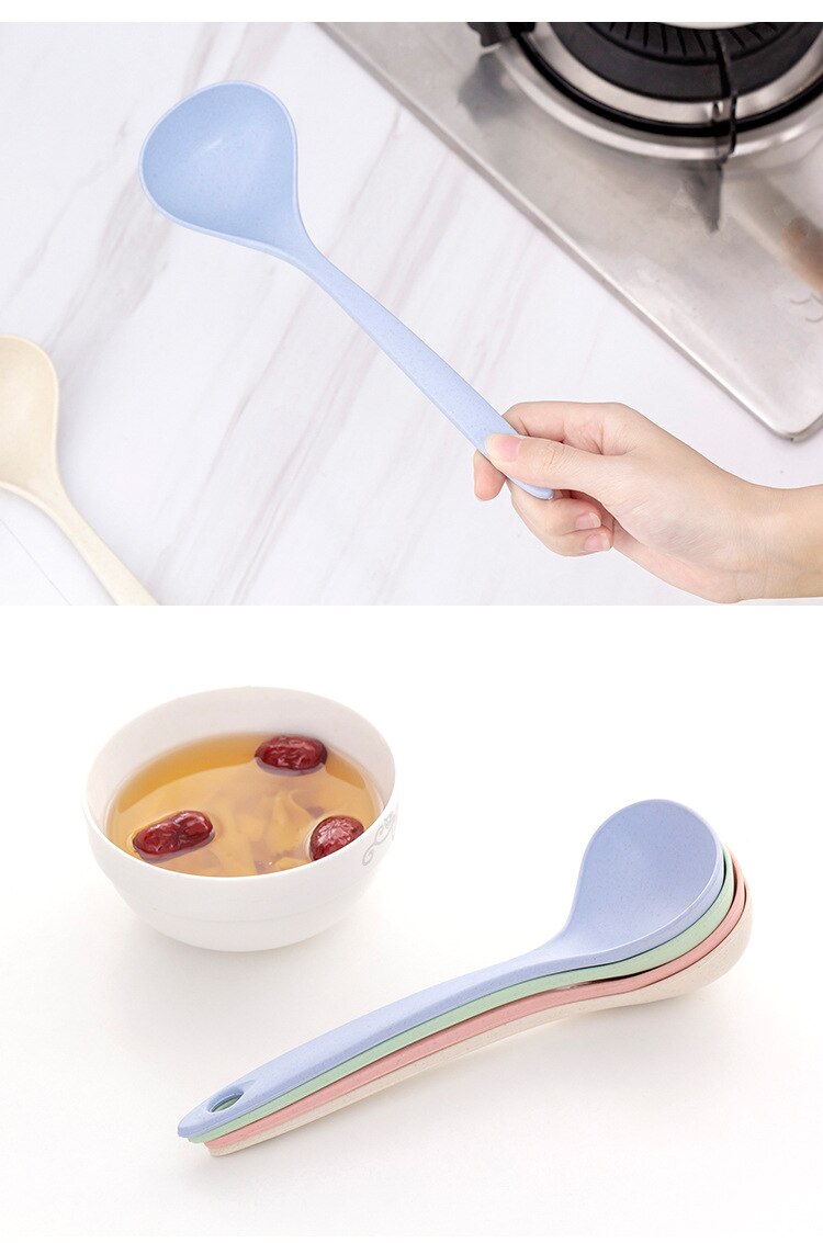 1Pcs Tableware Wheat Straw Rice Ladle 4 Colors Long Handle Soup Spoon Meal Dinner Scoops Kitchen Supplies Cooking Tool Ladle