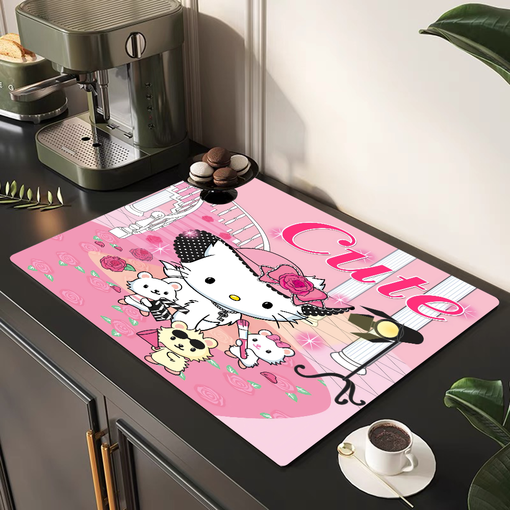 Hello Kitty Printed Dish Drying Mat Super Absorbent Coffee Drain Pad Tableware Quick Dry Rug Kitchen Dinnerware Placemat: 45x70cm / Light Grey