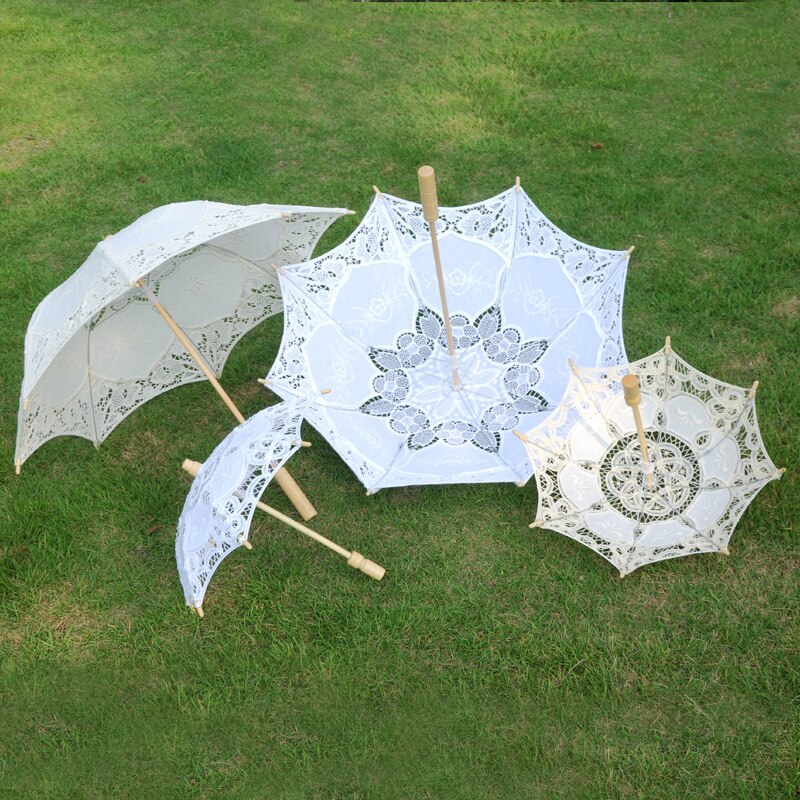 Womens Wedding Bridal Parasol Paraplu Hollow Out Borduren Kant Effen Wit Kleur Romantische Foto Props Met Houten Handvat 8 Ribben