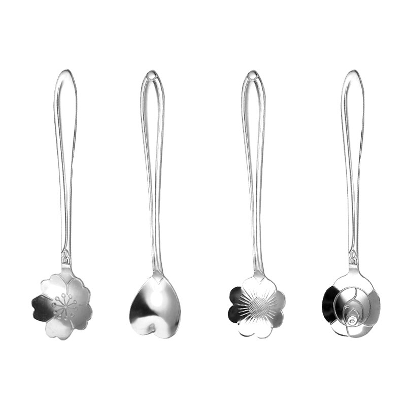 4Pcs Kirschblüten Edelstahl Löffel Vintage Metall Geschnitzte Kaffee Obst Dessert Tee Eis Löffel Küche Besteck: 12.6cm silver