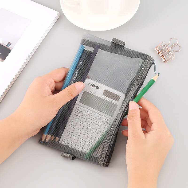 1 Pcs Pencil Case Simple Transparent Mesh Nylon Office Student Pencil Bag School Supplies High Capacity Pen Box