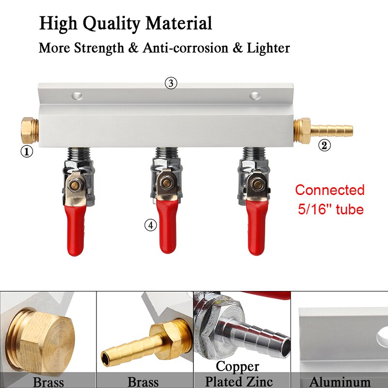 3 Way CO2 Gas Distribution Manifold with 9mm Hose Barb inlet/outlet fittings For Draft Beer Keg, Home brewing Check Valves